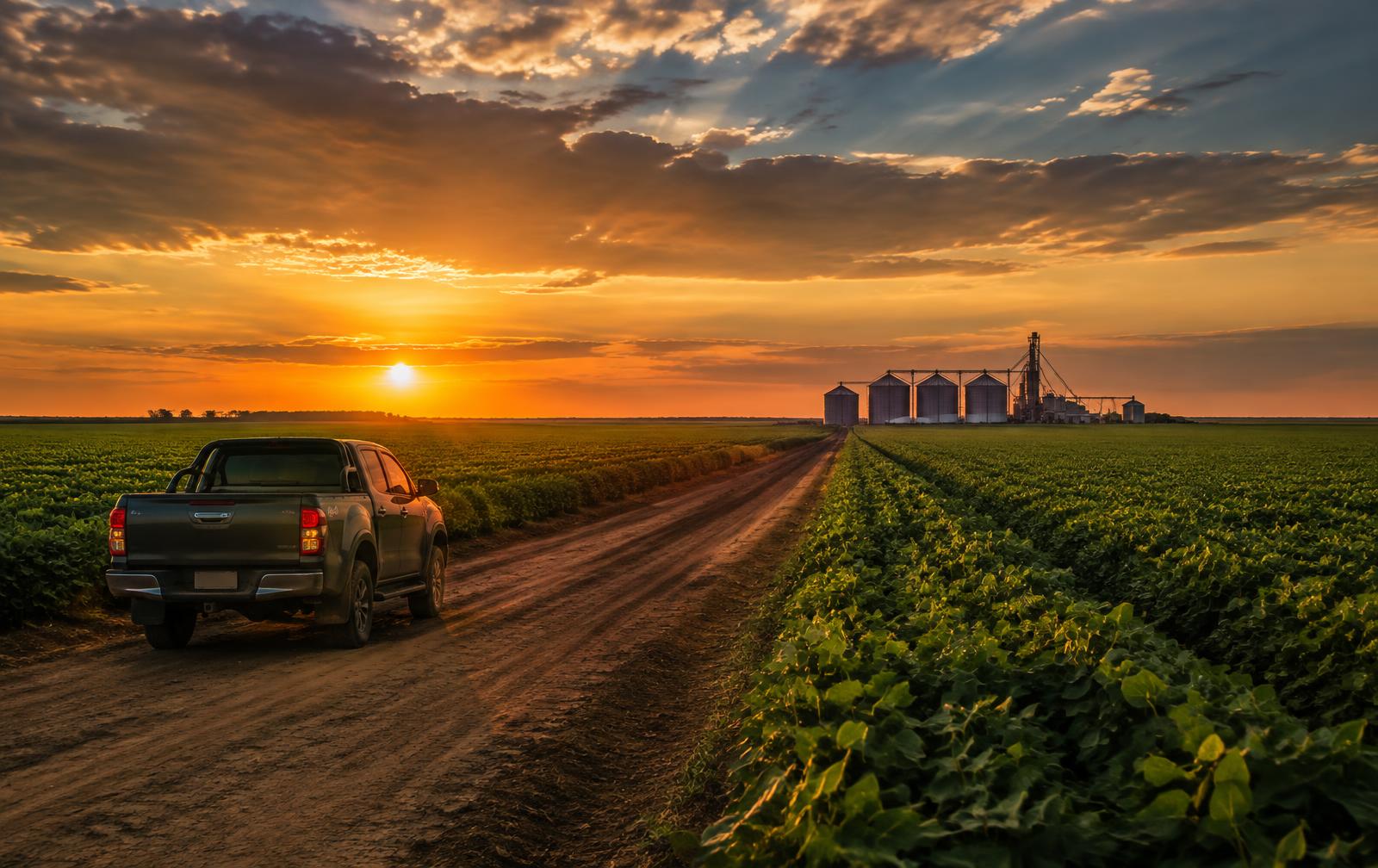 Camioneta en un camino rural entre cultivos y silos al atardecer