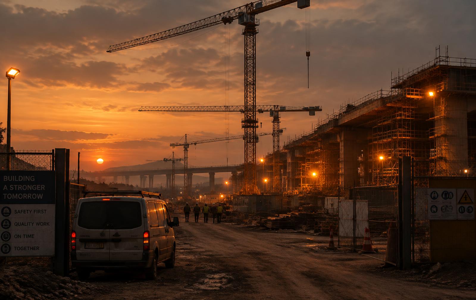 Obra de infraestructura con grúas al atardecer
