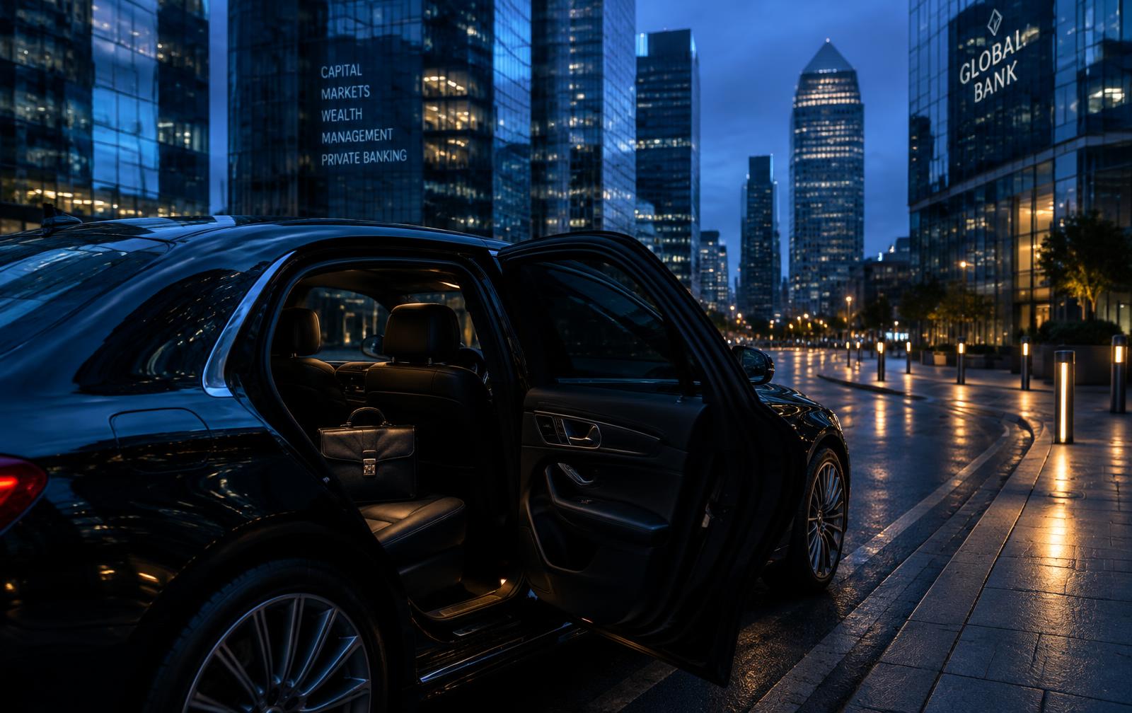 Auto ejecutivo esperando en el distrito financiero de noche