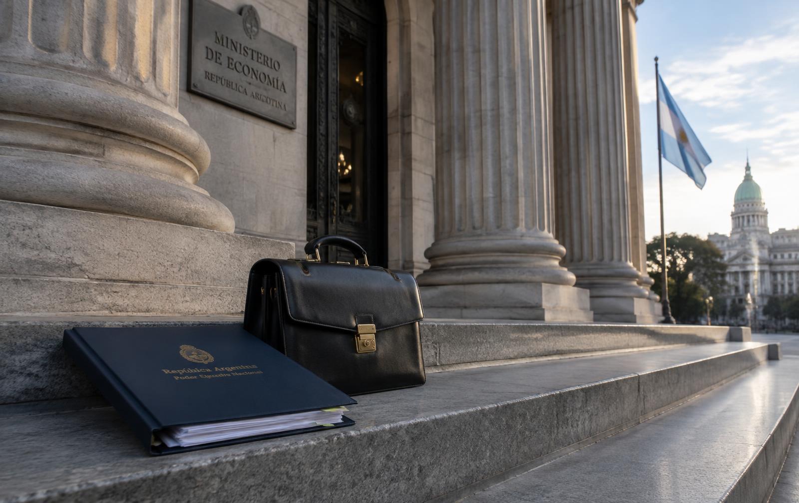 Escalones de un ministerio con portafolio y carpeta institucional