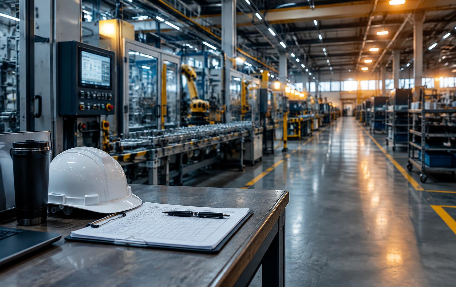 Planta industrial con casco y planilla de supervisión