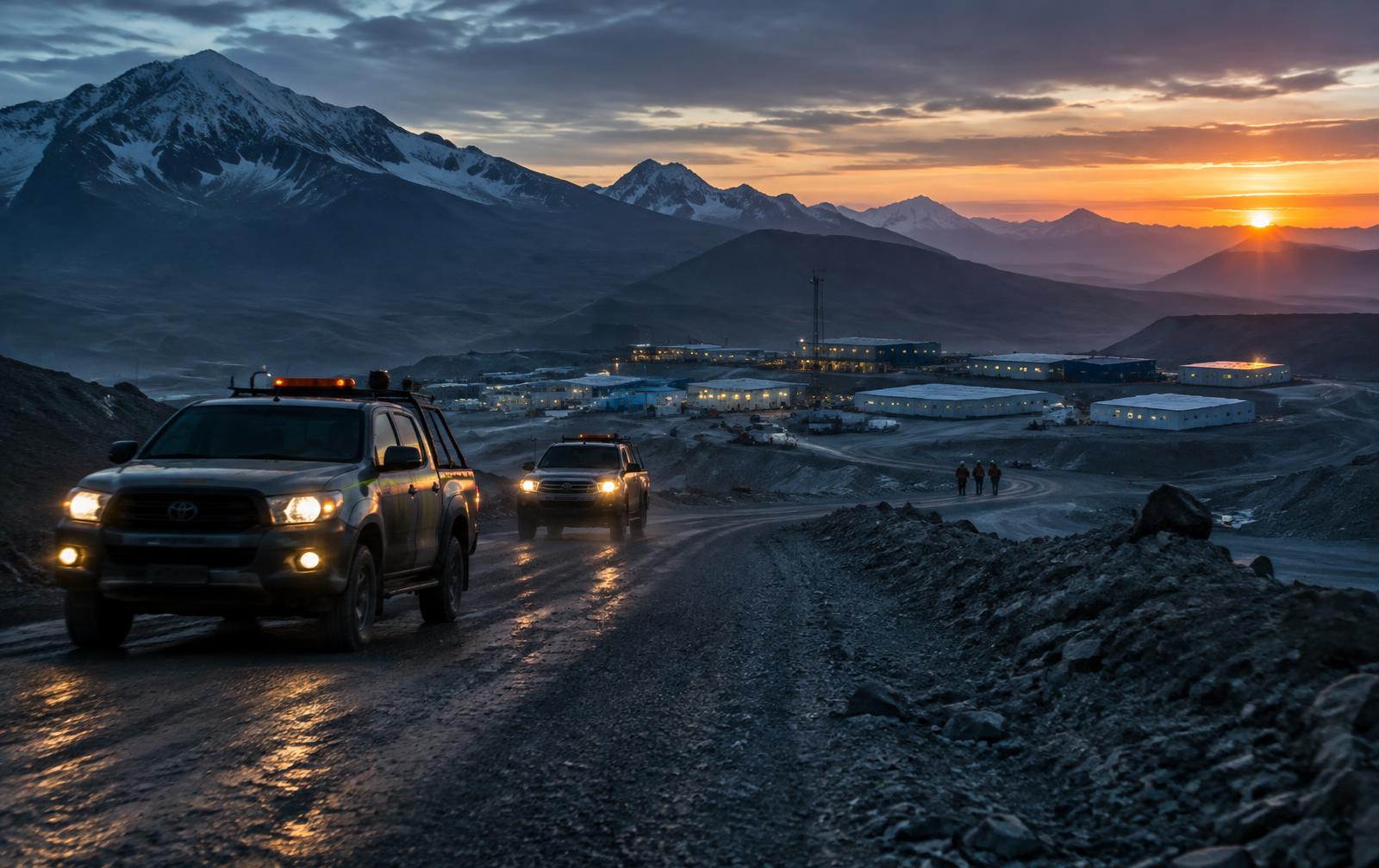 Camionetas llegando a un campamento minero en la cordillera al amanecer