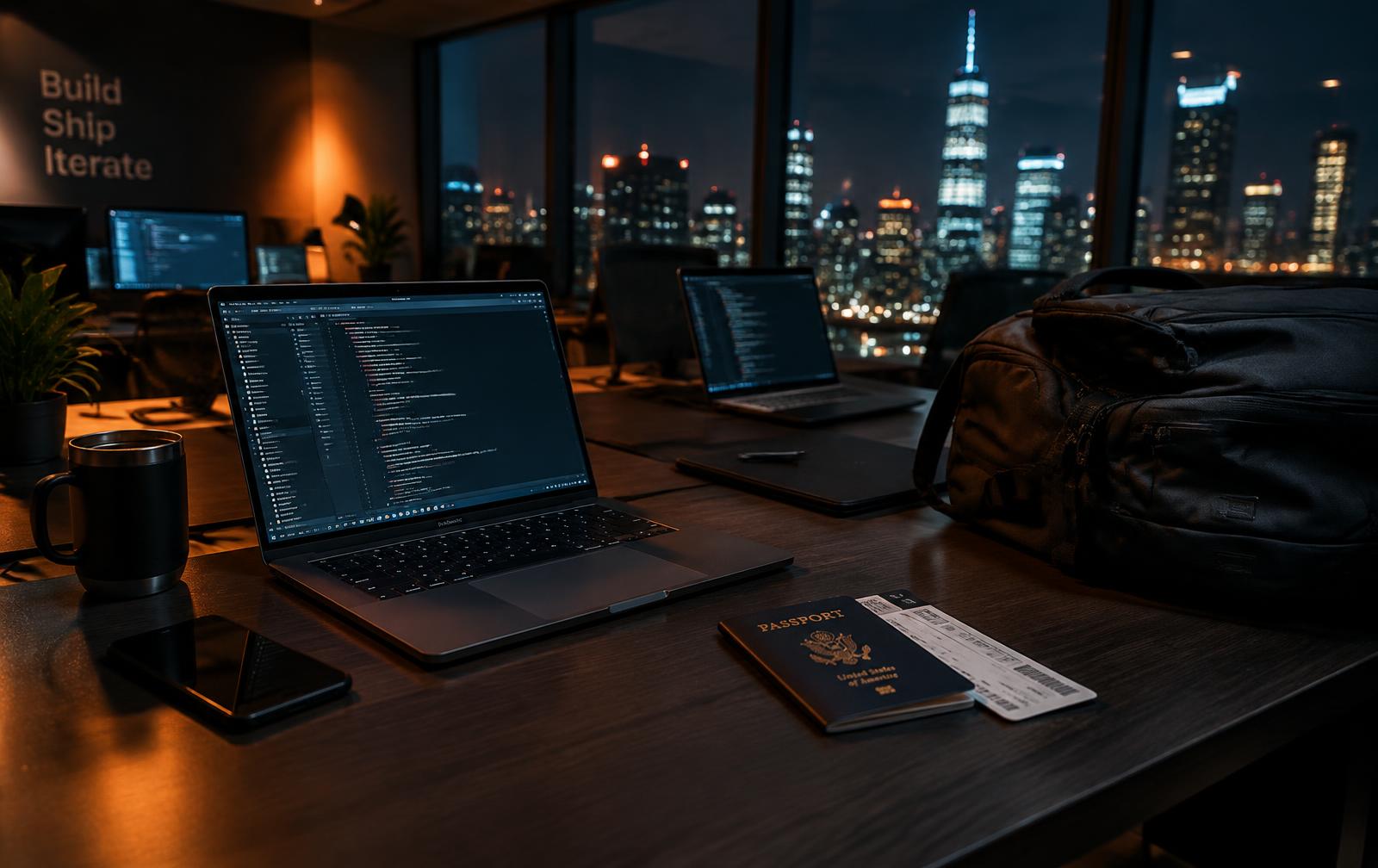 Oficina de tecnología de noche con pasaporte y valija listos para viajar