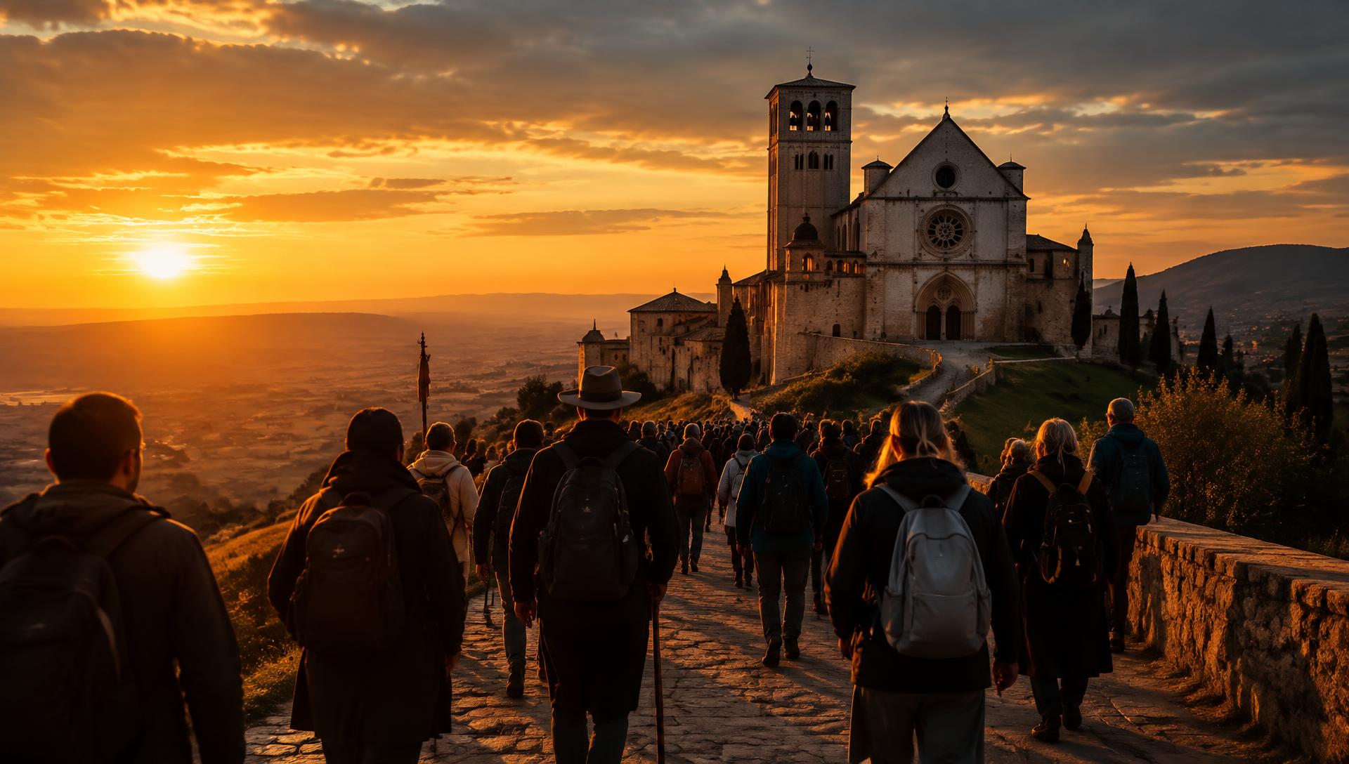 Peregrinos caminando hacia un santuario al atardecer