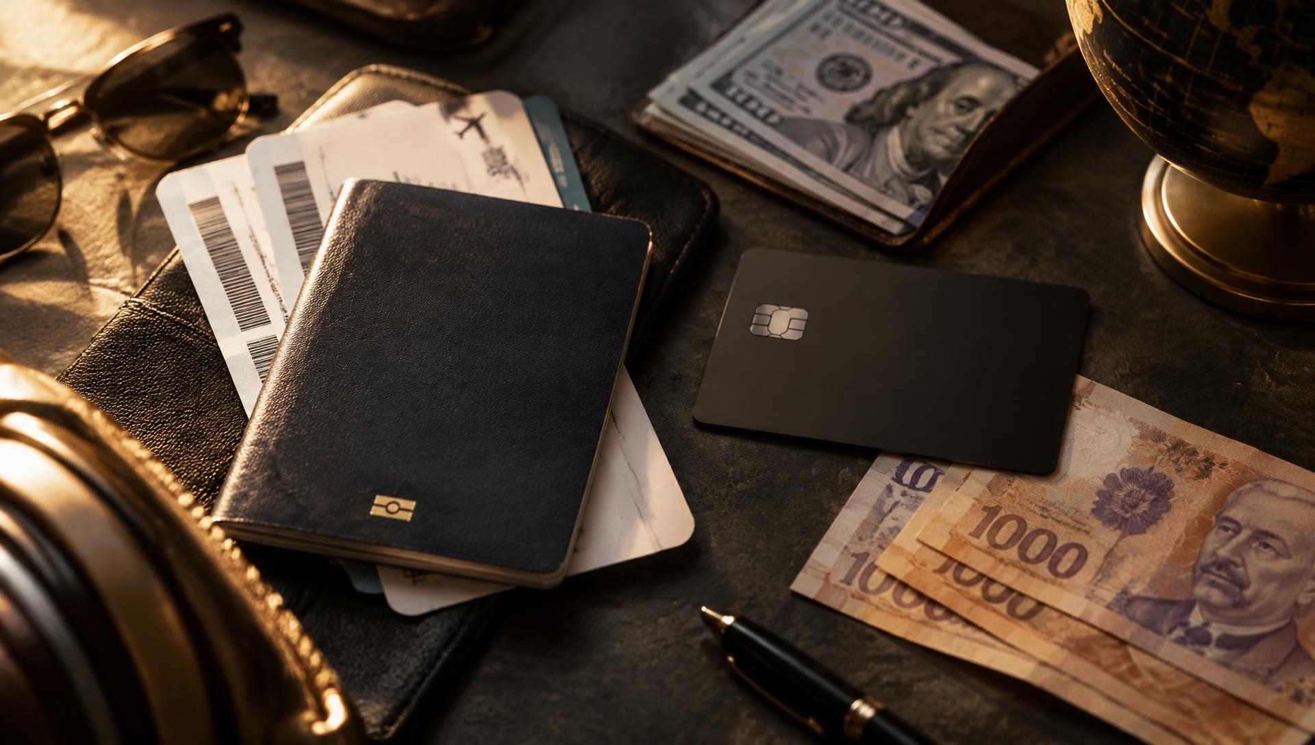 Pasaporte, tarjeta y billetes sobre un escritorio de viaje